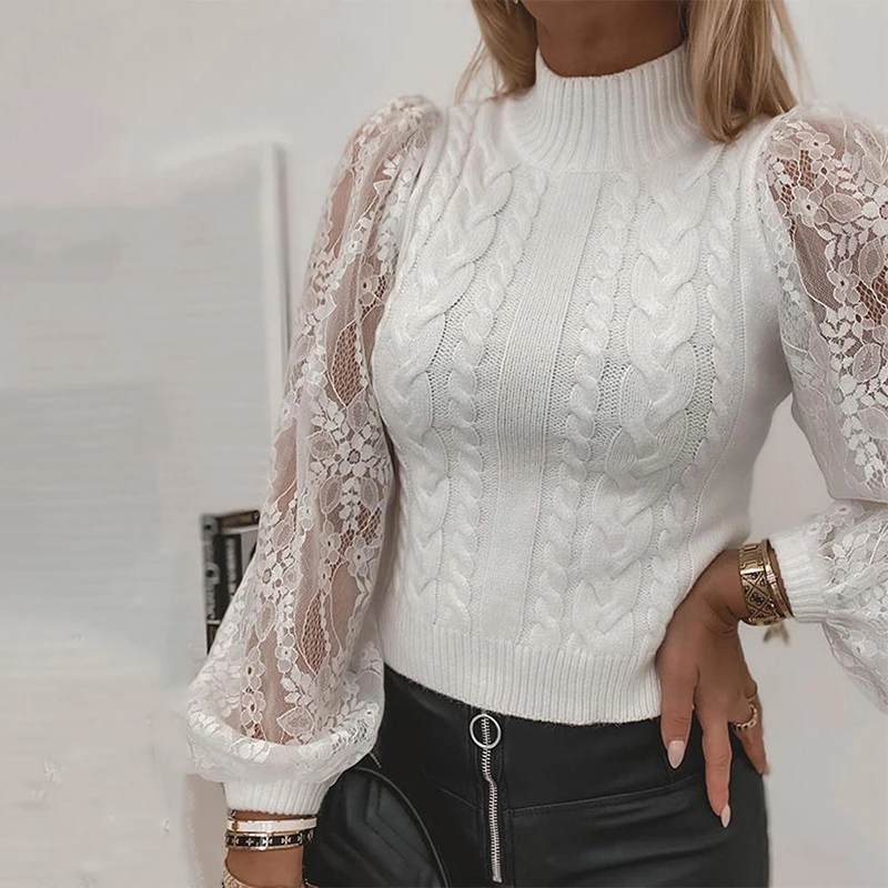 

2021 new Mesh lace long sleep sweaters women beautiful