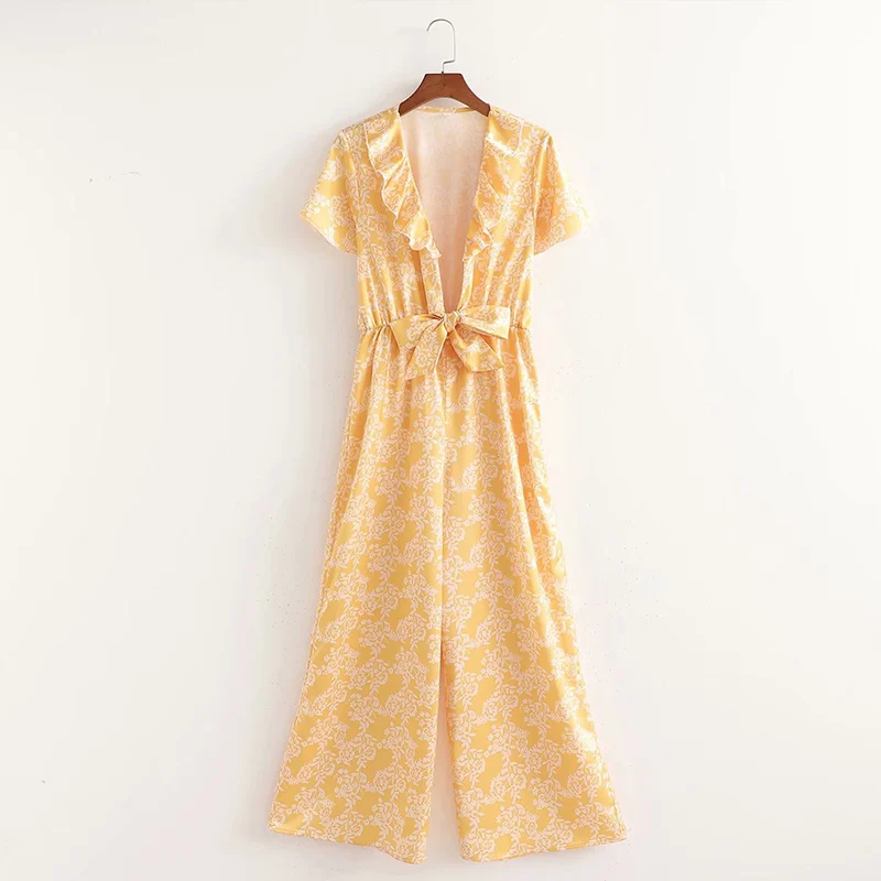 

2021 Women's Summer Wide Leg Jumpsuits Sexy Deep V-neck Printed Casual Loose Pants High Waist Holiday Lace Up Ladies Jumpsuit