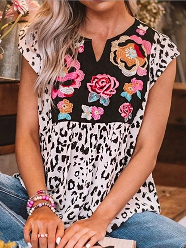 

Летняя футболка, Повседневная леопардовая футболка с круглым вырезом, Новинка для женщин, хлопковая футболка, женская футболка с коротким р...