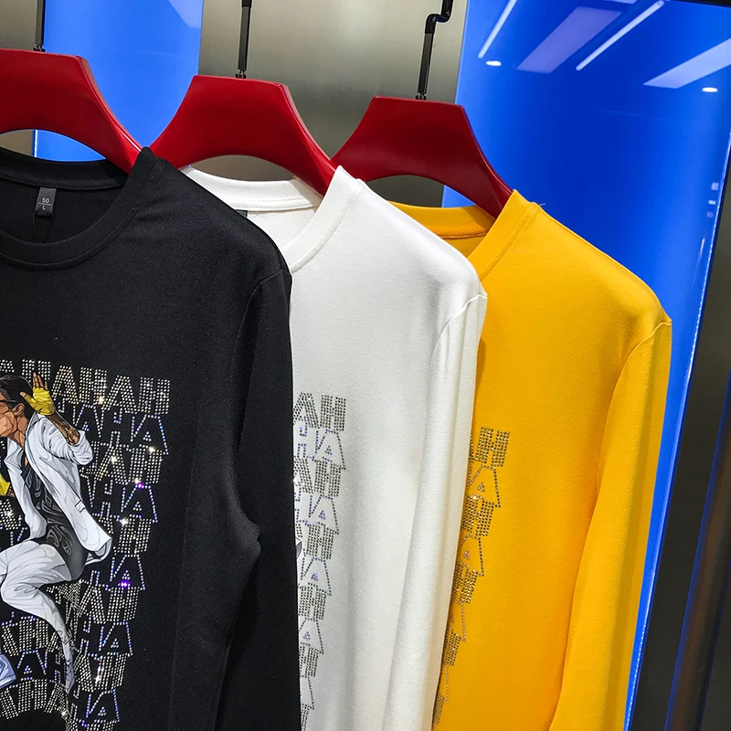 

Autumn 2020 men's European station cartoon character cartoon long sleeve sweater youth hot drill letter crew neck T-shirt