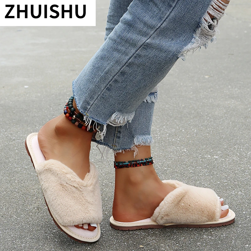 

2021 Winter Women Fur Slippers Home Solid Color Bedroom Living Room Comfortable Fashion Simplicity Faux Fur Warm Flat Slippers