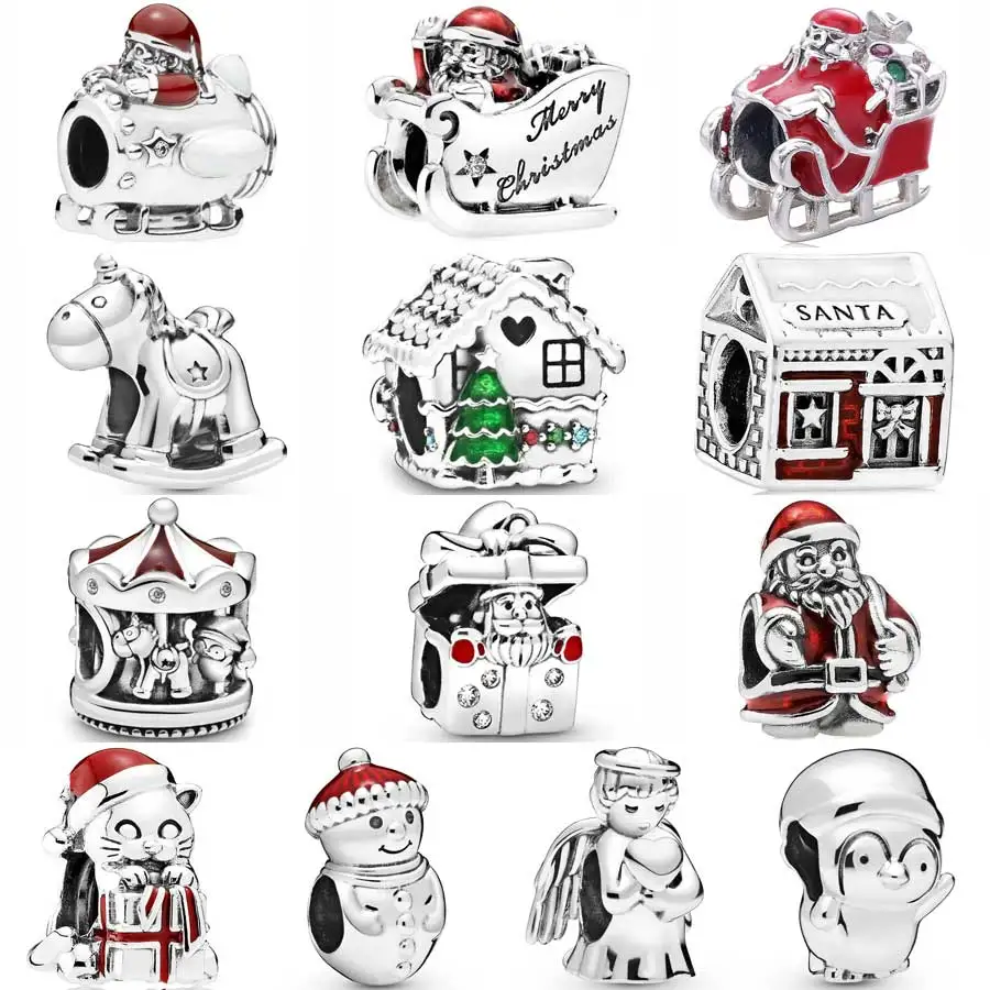 

DIY Charm Red Sleighing Santa in a Giftbox Angel Wings Snowman 925 Sterling Silver Christmas Bead Fit Original Bracelet Jewelry