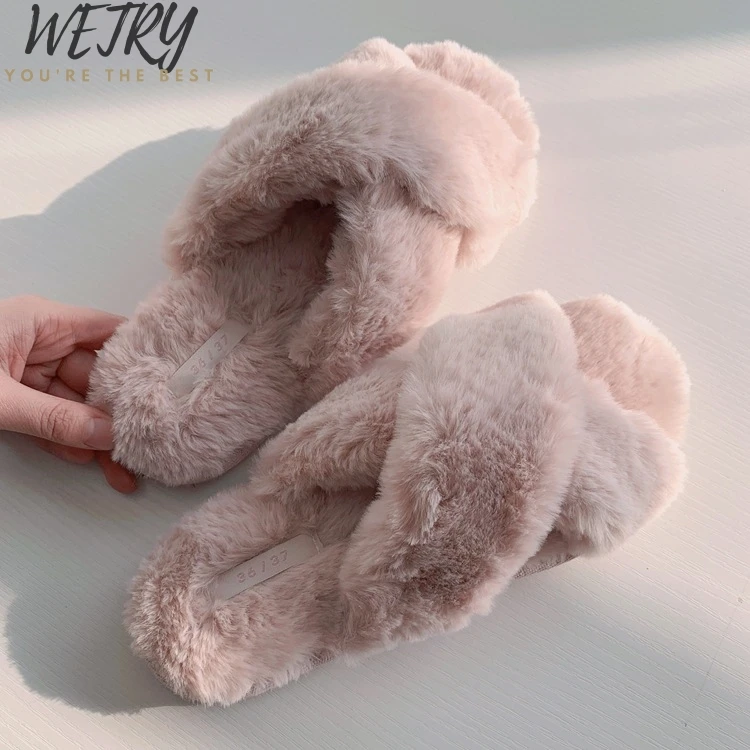

Женские домашние тапочки из искусственного меха, розовые шлепанцы на плоской подошве, без застежки, большие размеры 36-41, зима 2020