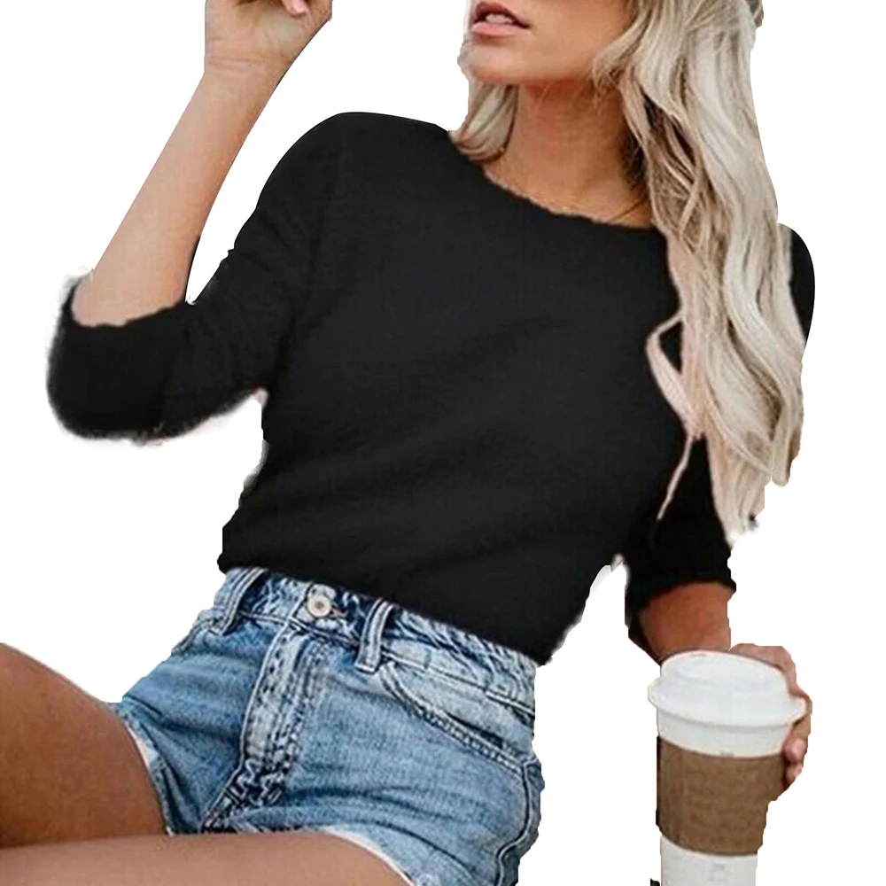 

Women Knitted Pullover O-Neck Casual Solid Color Tops Long Sleeve Round Neck Faux Fur Ladies T-shirt Soft Female Streetwear