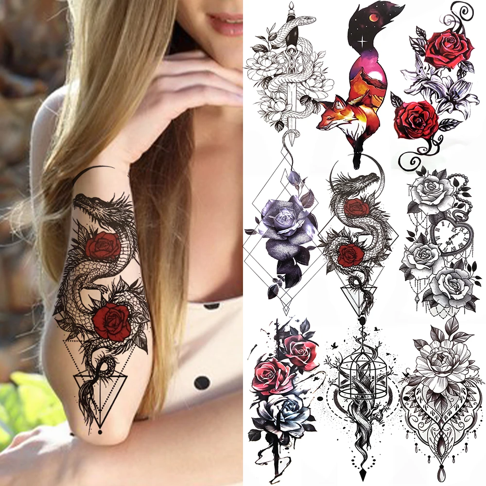 

Dragon with Red Rose Tattoo Sticker Realistic Fox Snake Sword Geometric Temporary Tattoo For Women Fake Chains Black Tatoo