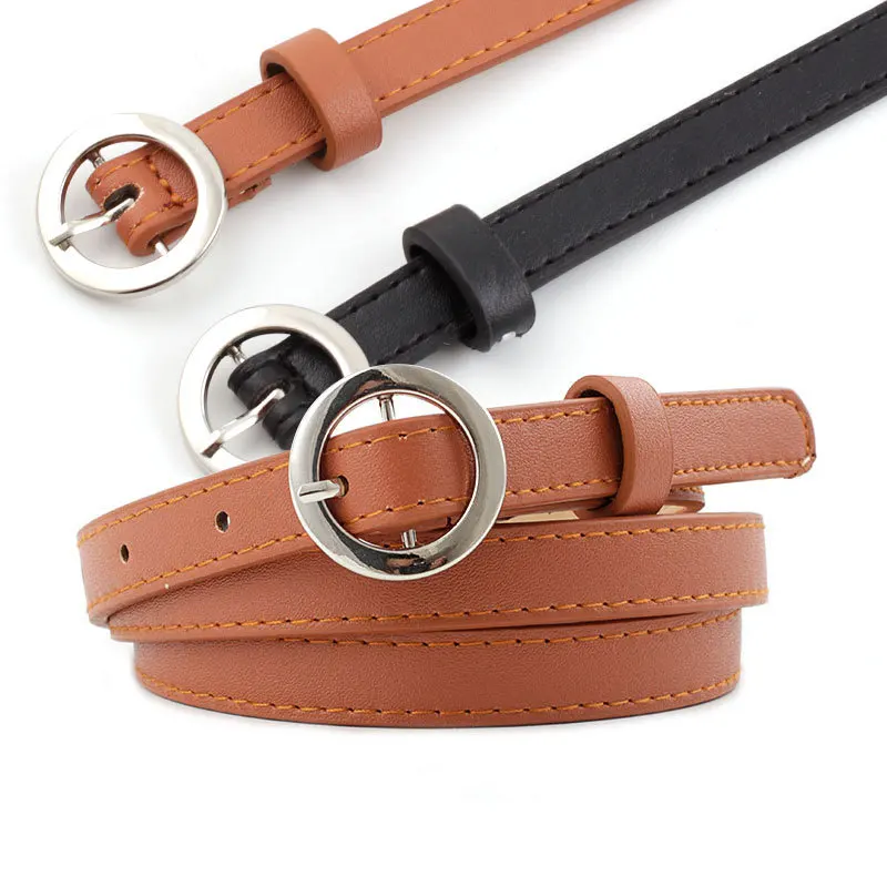 

Women Faux Leather Thin Belt Leisure Pin Buckle Waistband Fashion New Design Alloy Round Button Retro 106x1.4 cm Belts For Women