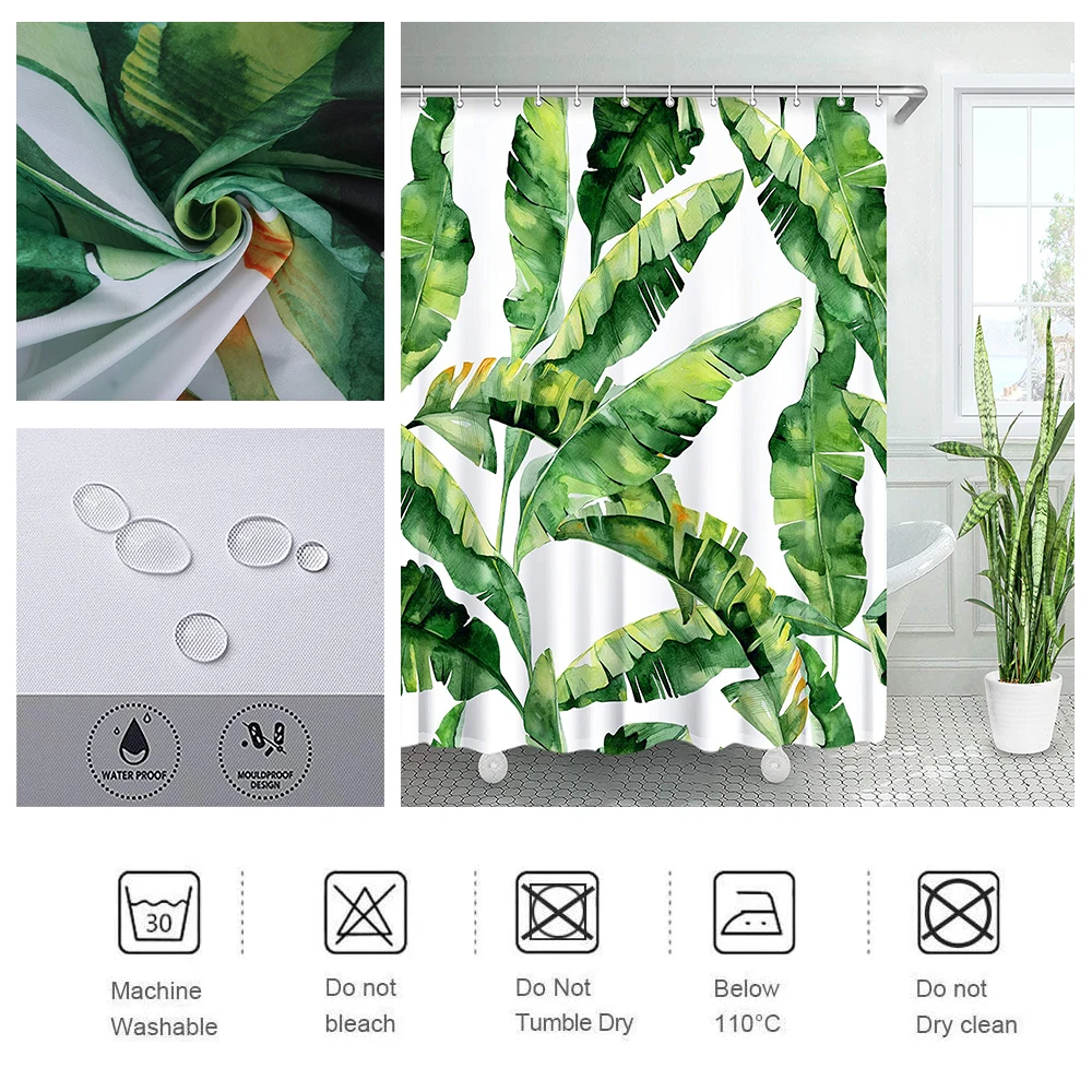 Занавеска для ванной с зелеными банановыми пальмовыми листьями