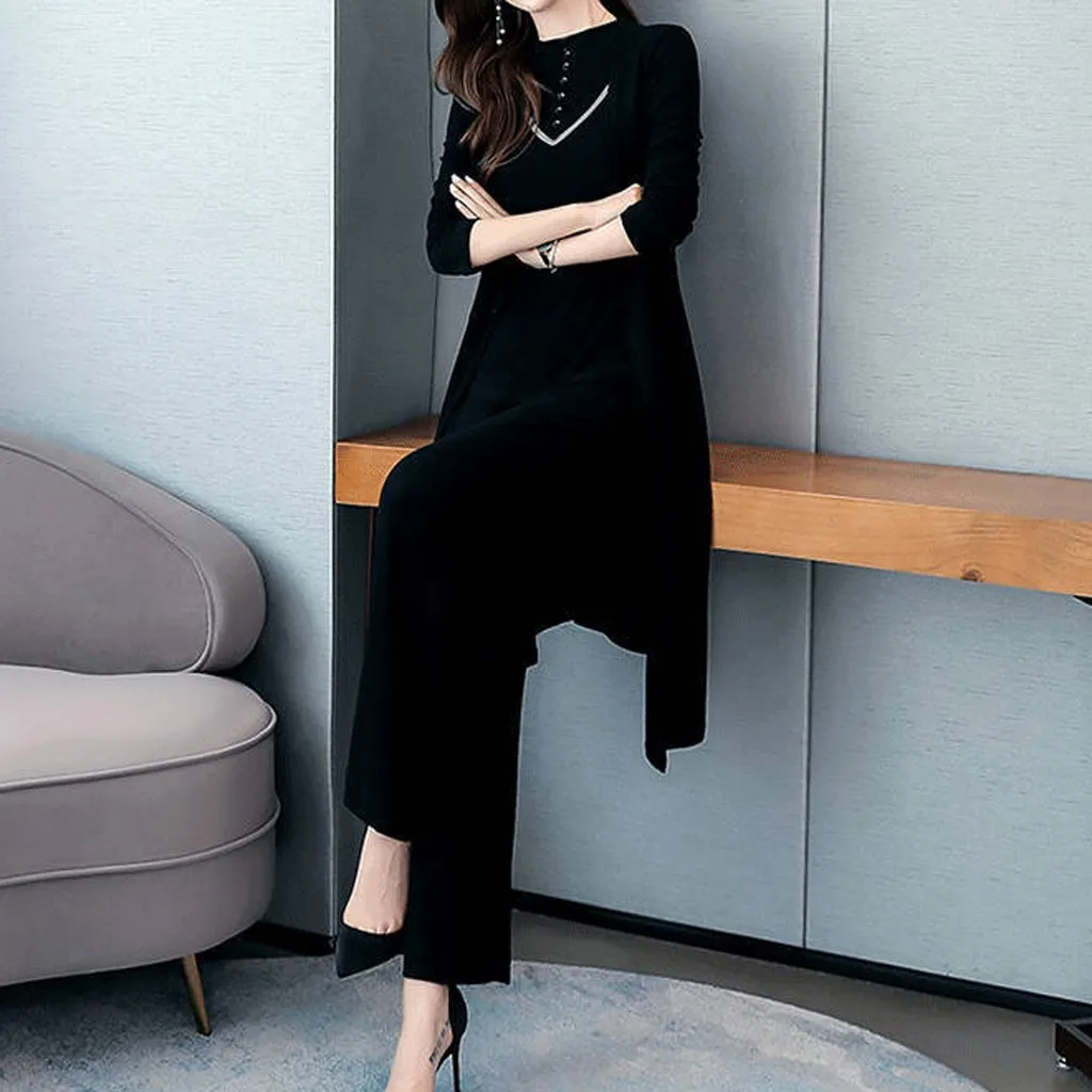 KANCOOLD Knitted 3 Pieces Set Women Tracksuit Long Sleeve Cardigan and Sleeveless Pullover Tops Wide Leg Pants Women's Sets 2019 | Женская