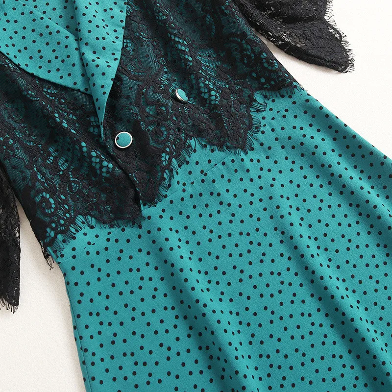 

Fashion Chiffon Dot Print Dress 2020 Summer New Designers Turn Down Collar Lace Patchwork Mid Calf Aline Dress Sexy Vestidos