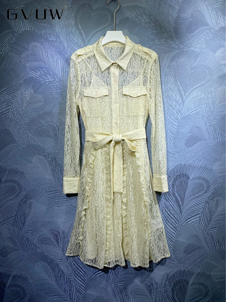 

GVUW Women's New Fall 2021 Lapel Lace With Belt Long Chiffon Sleeve Loose Tassel Dress Elegant Vintage Evening Party 50s KB75426