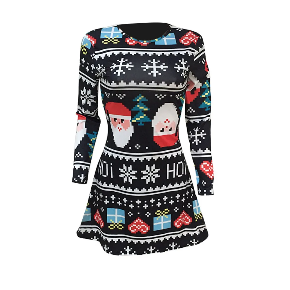 

Christmas Dress Santa Claus Pattern Printed Crew Neck Slim Mini Dress Women Dresses Free Shipping Lady Dresses