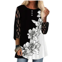 women lace patchwork 34 sleeve tops ladies buttons round neck t shirt loose large size floral printed casual t shirts