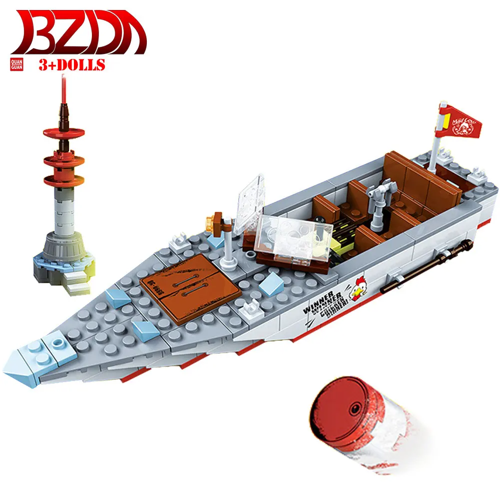 Строительные блоки BZDA PUBG скоростная лодка для выживания с 3 персонажами аниме и