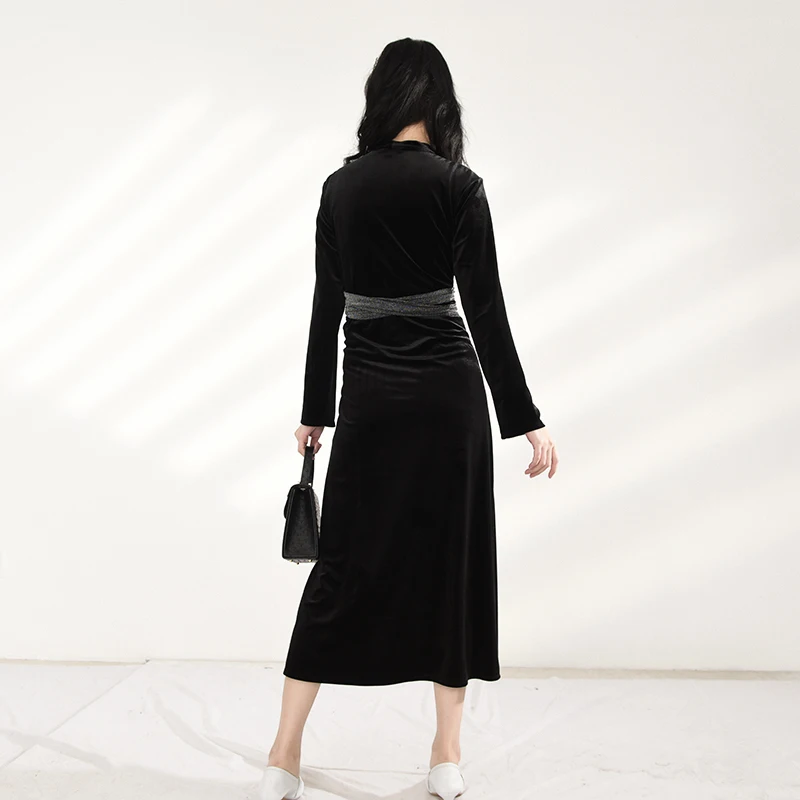 

[EAM] Women Black Velvet Bandage Elegant Midi Dress New V-Neck Long Sleeve Loose Fit Fashion Tide Spring Autumn 2021 1X59201