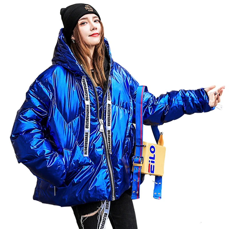 Женское зимнее глянцевое синее водонепроницаемое пальто с капюшоном хлопковая