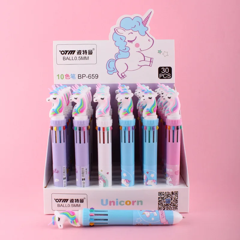 

30 pcs/lot Cartoon Rainbow Unicorn10 Colors Ballpoint Pen Cute press ball pens School Office writing Supplies Stationery Gift