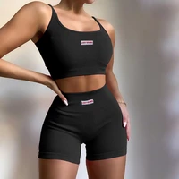 2021 women casual two piece clothes set u shaped collar sleeveless crop tops and shorts pink black white