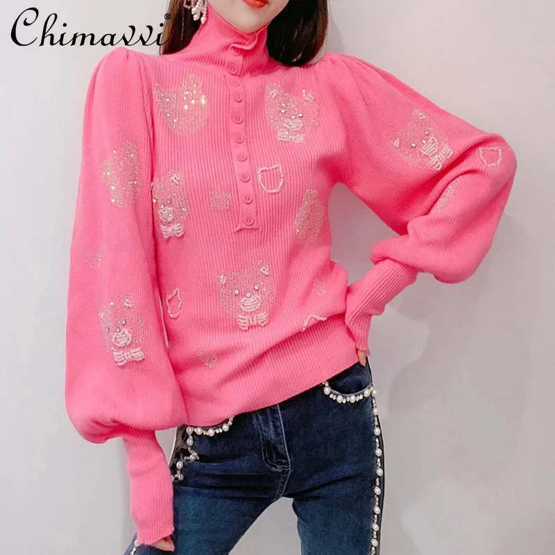 

Women's Fall Winter New Korean Style Sweet Knitted Bottoming Shirt Ladies Fashion Embroidery Hot Drilling Cartoon Bear Sweater