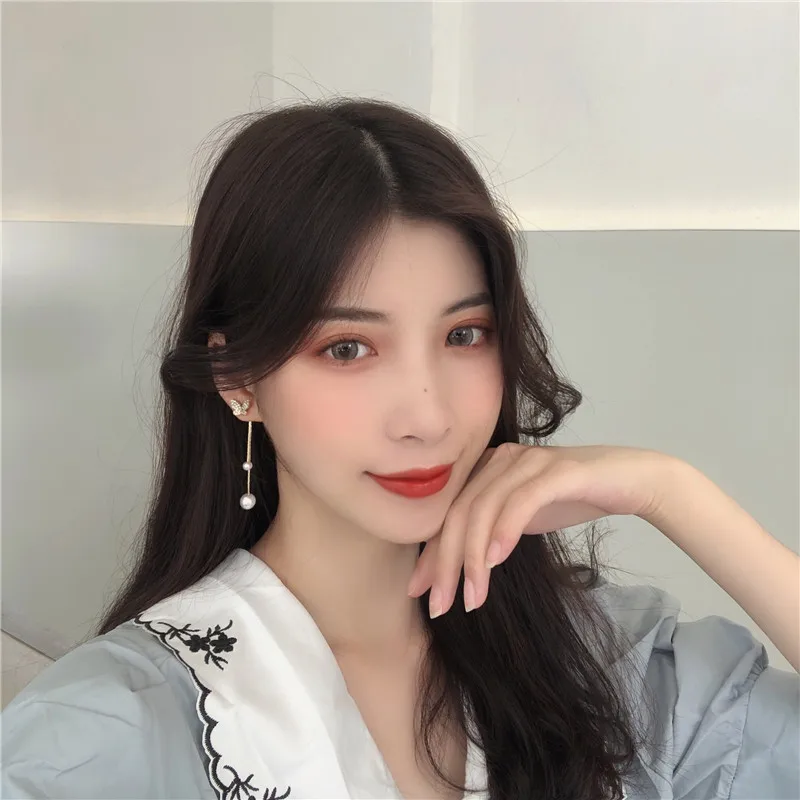 

South Korea contracted temperament micro pearl earrings butterfly fairy long tassel stud earrings female