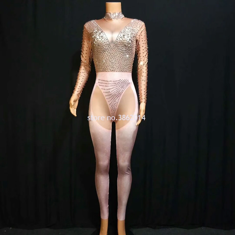 Блестящий женский комбинезон Стразы с кристаллами длинным рукавом розовые