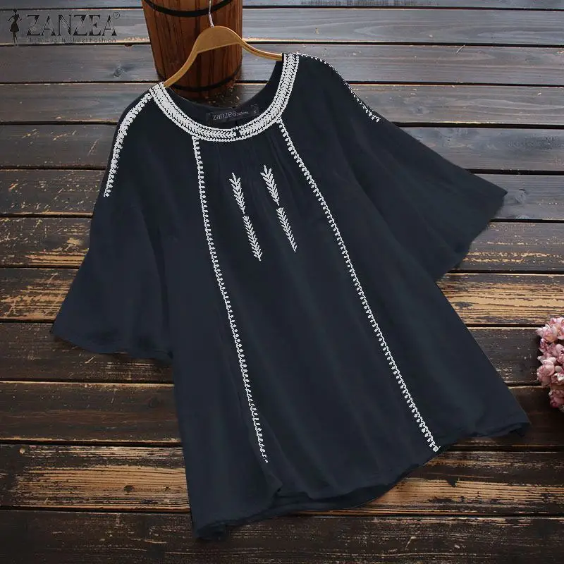 

Женская свободная туника с круглым вырезом, Повседневная блузка из хлопка и льна с вышивкой, блузки с коротким рукавом, винтажная рубашка с ...