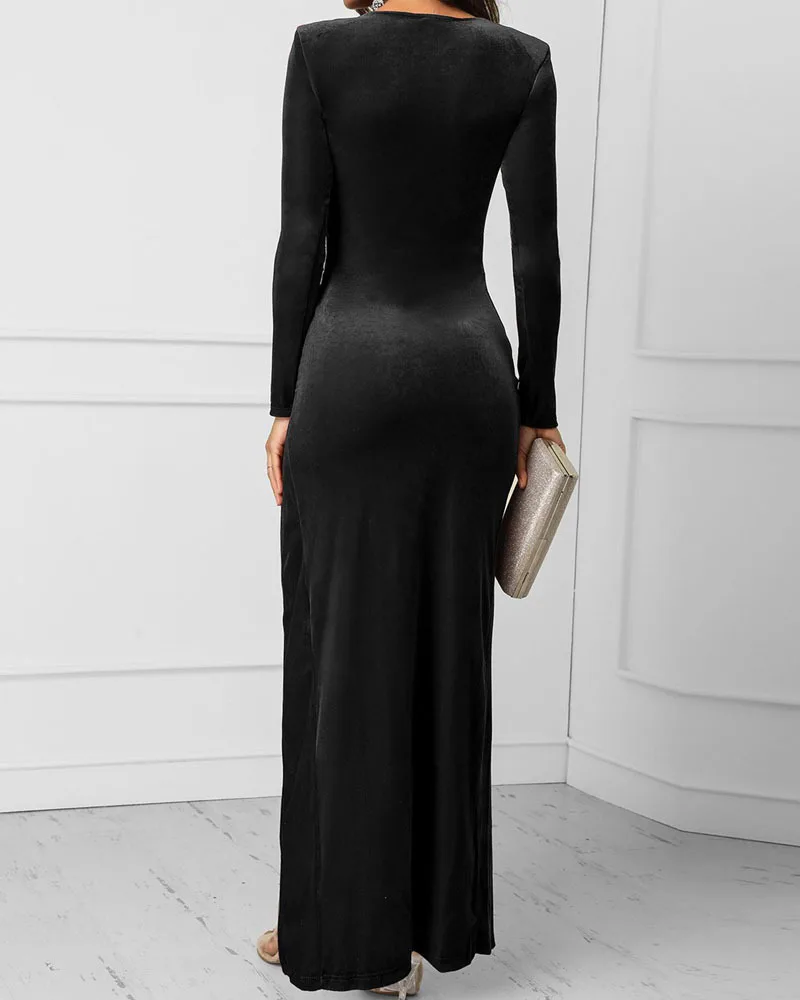 Женское бархатное платье-макси с высокой талией и V-образным вырезом | Женская