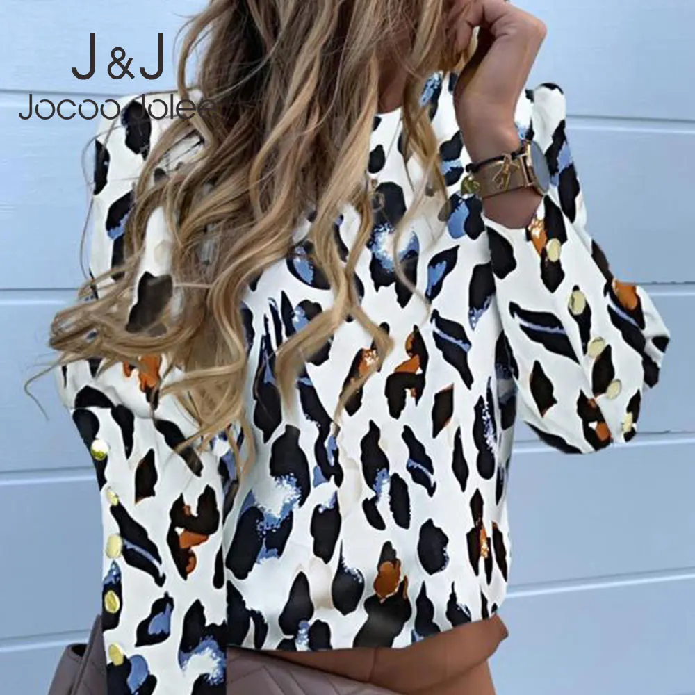 

Jocoo Jolee Casual Solid Office Lady Shirt Metal Buttons Long Sleeve Print Loose Blouse Oversized Europe Blouse Streetwear Tops