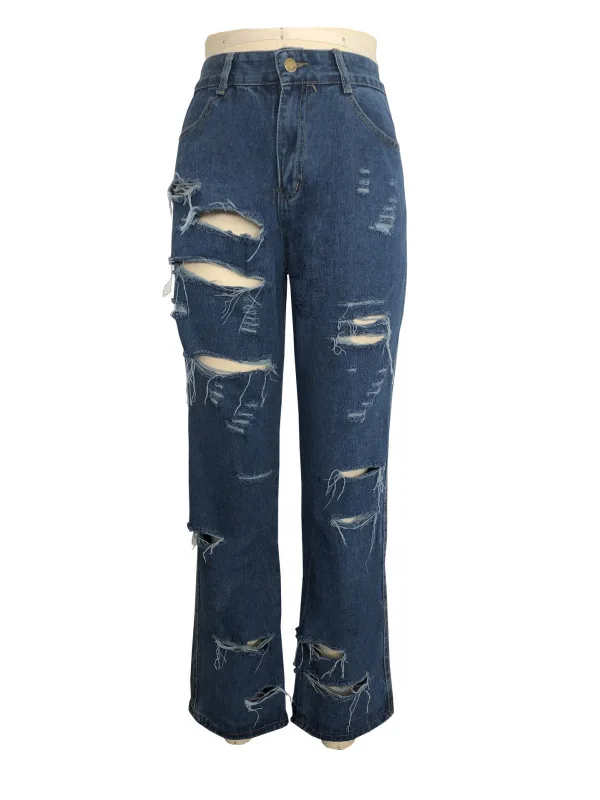 

Women Casual Fashion Jeans Plus Size Slim Stretch Torn Straight Pants Personality Big Hole Do Jeans