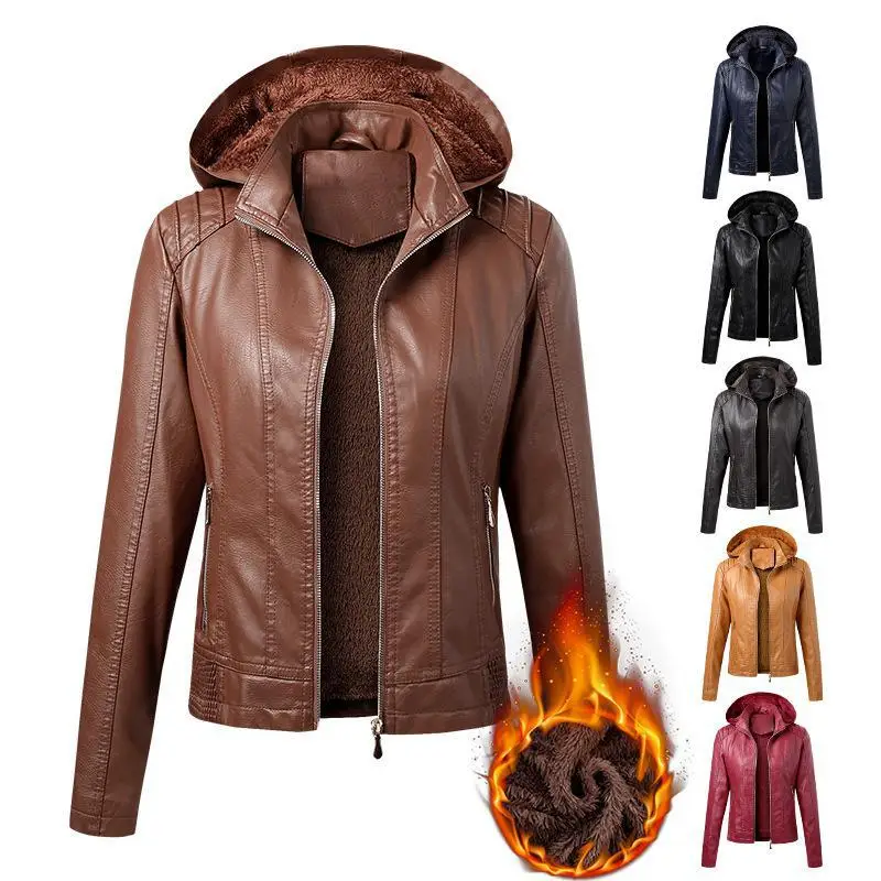 

2021 Winter PU Leather Jacket Women Velvet Keep Warm Leather Coat Women Fashion Hooded Collar Windbreaker Short Female Jackets