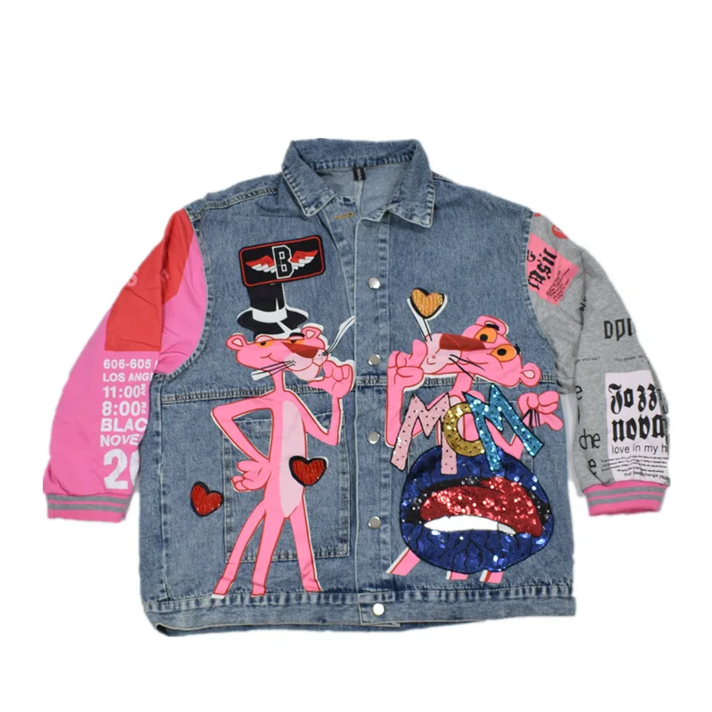 

Fashion Cartoon printing denim jacket women embroidery sequins loose casual jeans jackets one plus size Splicing sleeve coat