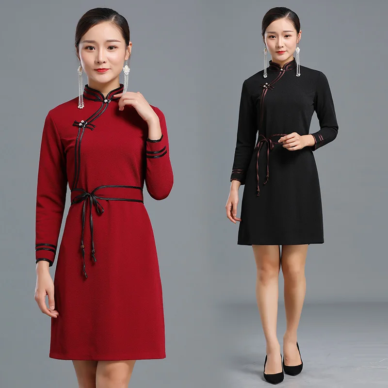 

Traditional Ethnic clothing asia vintage Costume long sleeve Mongolian robe women oriental elegant dress
