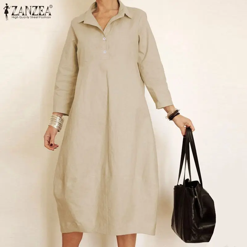 Женское длинное платье рубашка ZANZEA повседневное однотонное Хлопковое с длинными