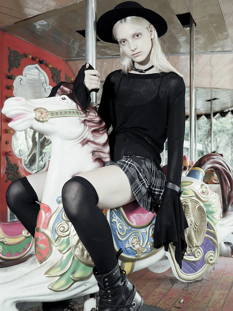 Женский свободный пуловер в стиле панк Черный Асимметричный свитер с круглым