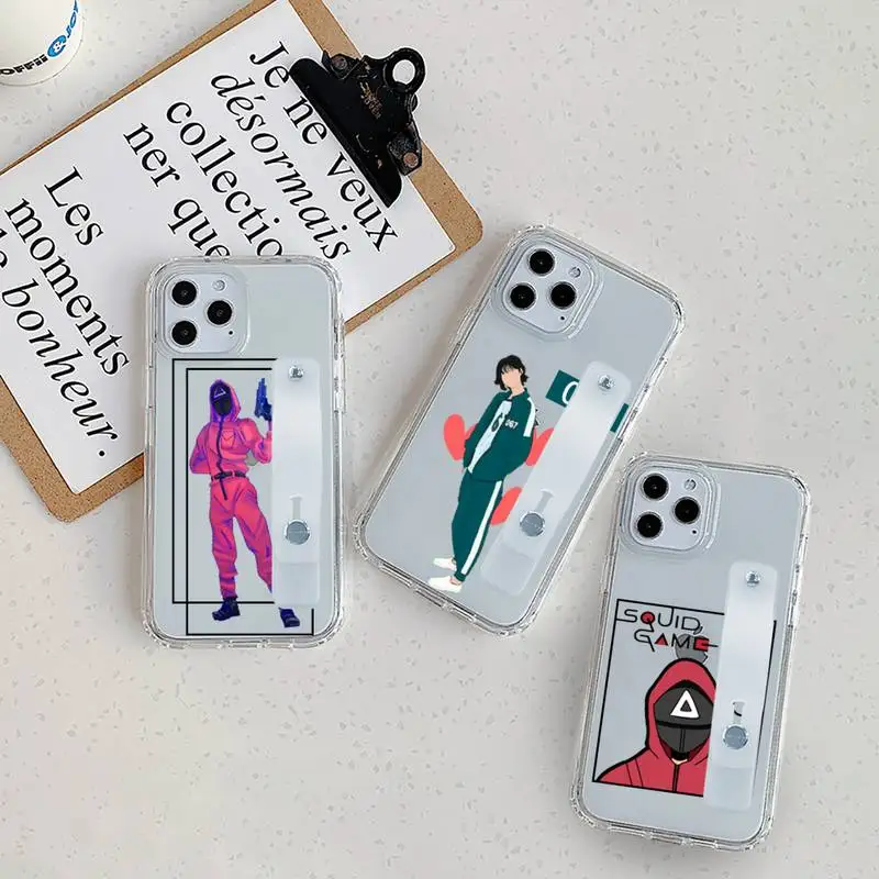 

Squid Game 123Wooden Man Phone Case Wrist Strap For iPhone 7 8 11 12 X XS XR MINI Pro Max Plus Hand Band Transparent Clear