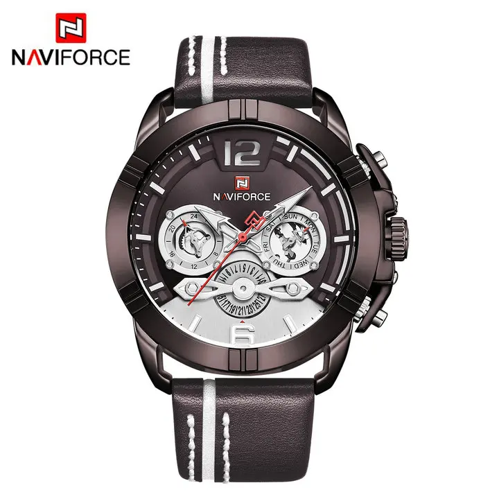 COFFEE WHITE Брендовые Роскошные мужские часы NAVIFORCE модные кожаные кварцевые часы военные спортивные наручные часы с хронографом Relogio Masculino - Цвет: COFFEE WHITE