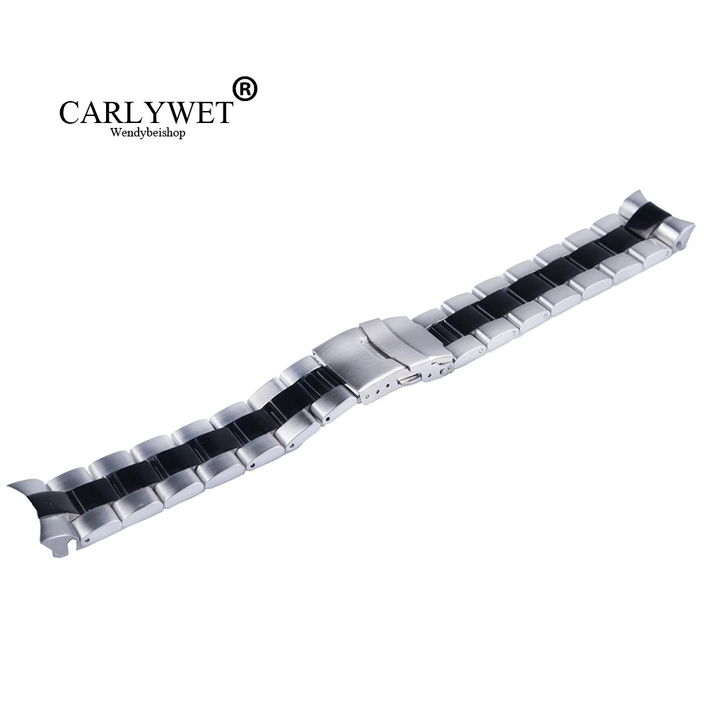 

CARLYWET 22mm Sliver Black Stainless Steel Wrist Watch band Replacement Metal Watchband Bracelet Double Push Clasp For Seiko