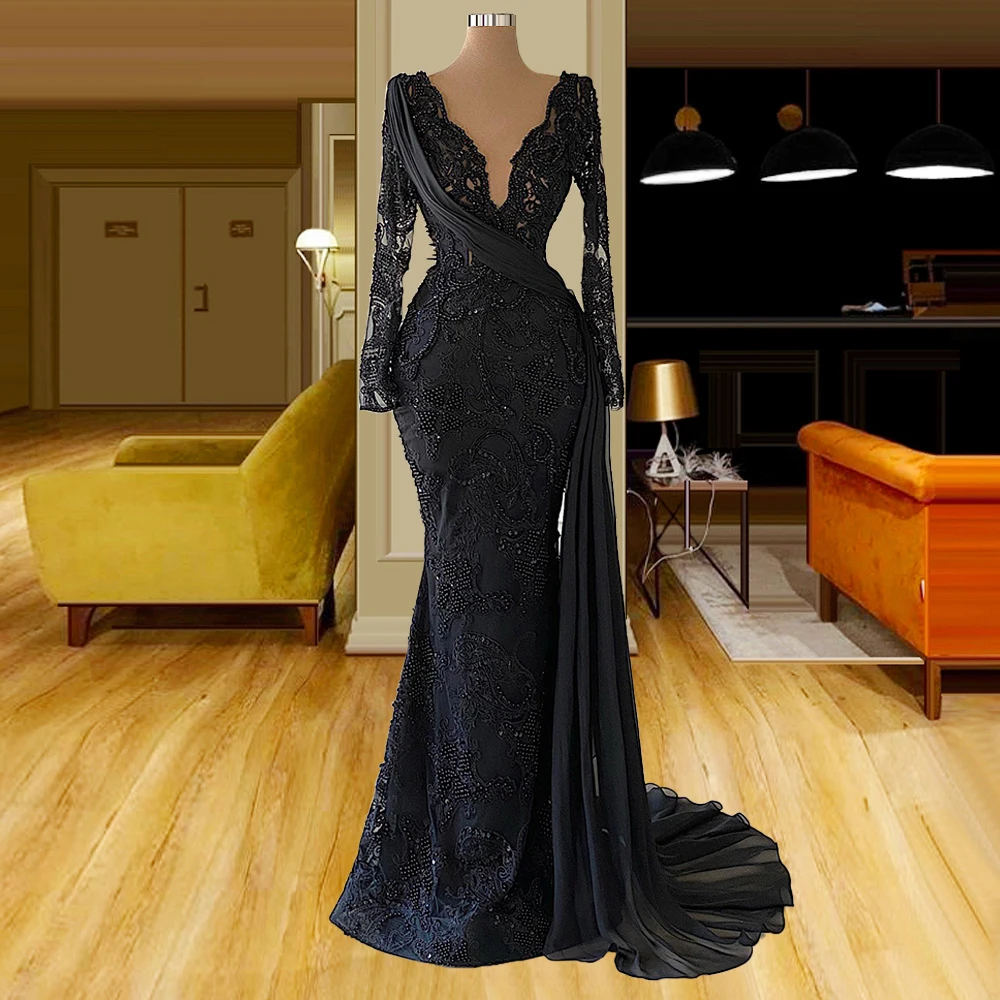 

Black Mermaid Beading Semi-Formal Dress Long Sleeves abiti da cerimonia With Side Chiffon Ribbon платье вечернее