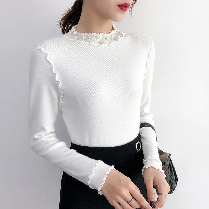 Lucyever Pearl Turtleneck Knitted Sweater Women Long Sleeve Elasticity Black Woman 2019 Winter Casual Simple Pull Femme | Женская одежда