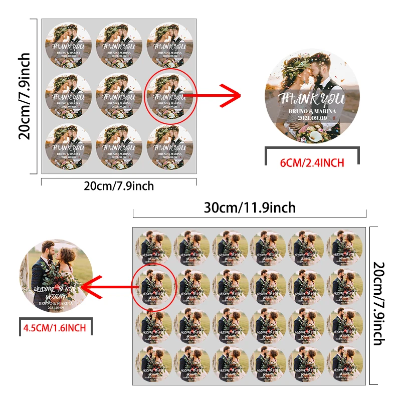 Свадебные наклейки на заказ 6 см круглые для праздничных сумок