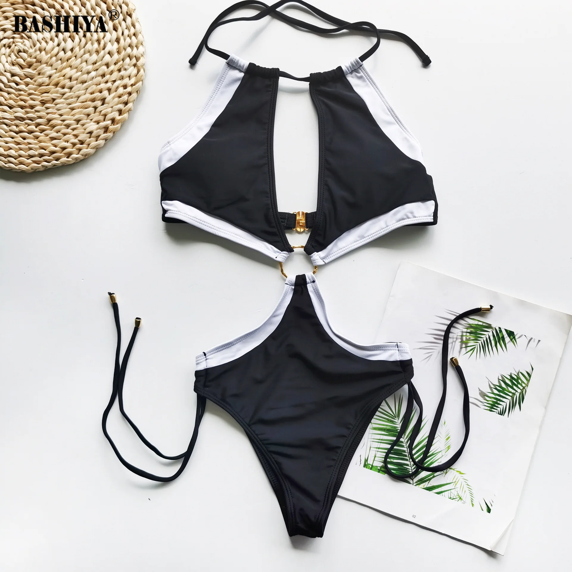 

Sexy One-Piece Swimsuit Women Summer Fashion Hollow Out Bikini Set Halter Leopard Print High Waist Female Lace-Up Swimwear