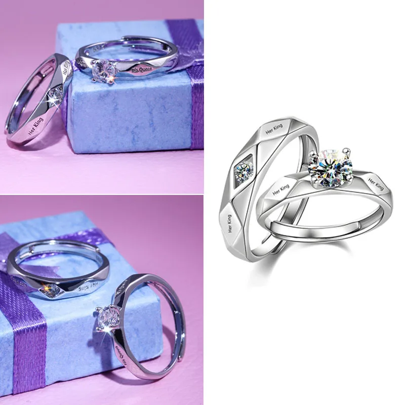 

2 Pcs/Set Lovers Couple Open Adjustable Ring Lettering "His Queen" "Her King" with Shiny Crystal Rhinestone for Women Men