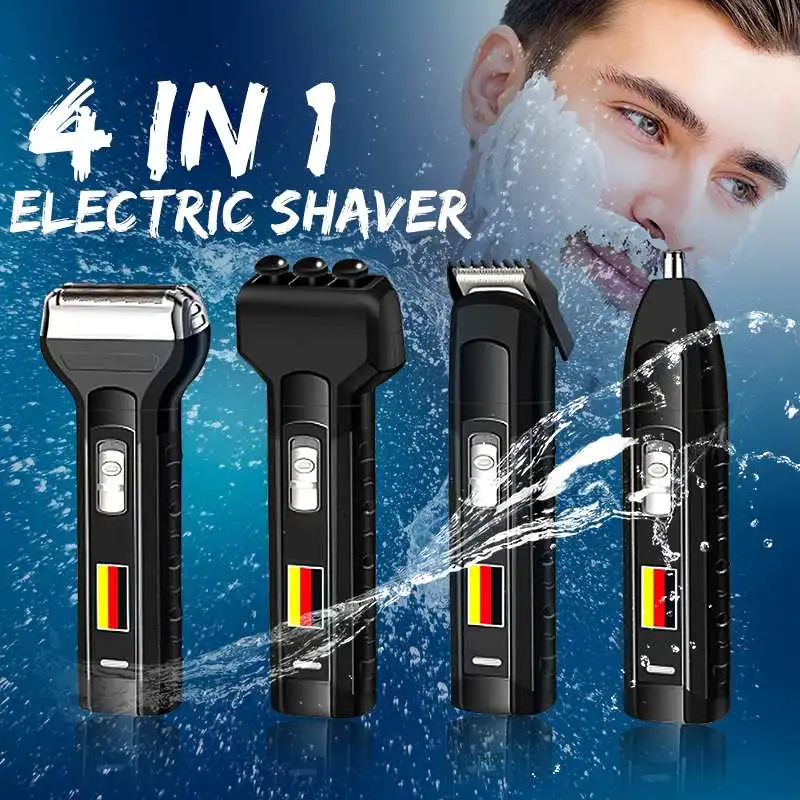 

4-in-1 Rechargeable Electric Beard Shaver Hair Clipper Nose Hair Trimmer Cordless Massage Razors Men Waterproof Portable