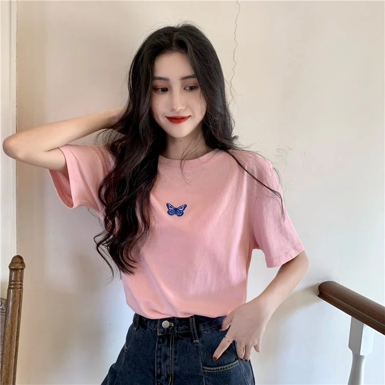 Женская футболка с вышитыми бабочками черная белая розовая зеленая желтая