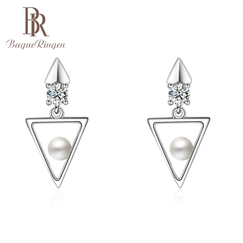 Bague Ringen в виде геометрических фигур Треугольники простой Серьги с жемчугом для Для женщин корейский стиль серебро 925 ювелирные изделия Офисные женские туфли 3A ziron для совещаний подарочный