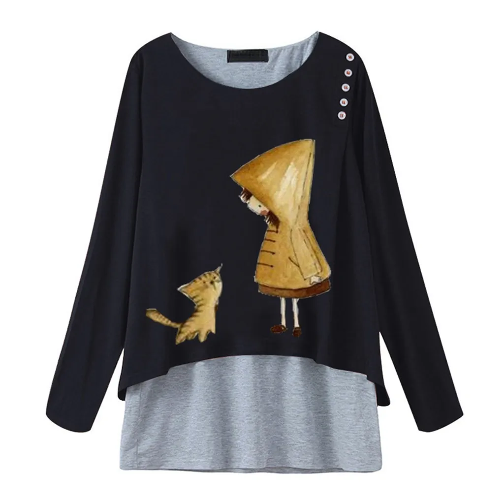 Футболка женская с круглым вырезом мультяшный принт кота длинный рукав пуговицы