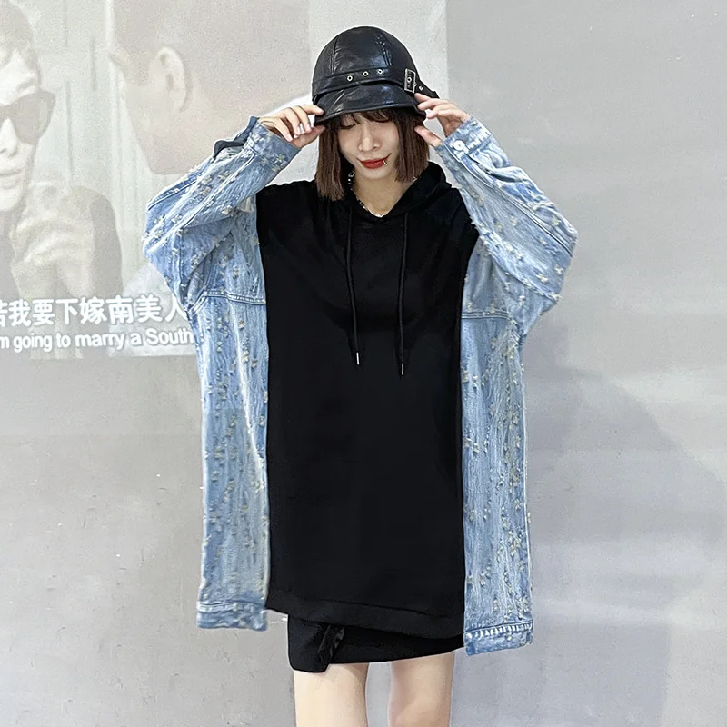 Женская толстовка с капюшоном Max LuLu черная джинсовая Толстовка длинным рукавом и