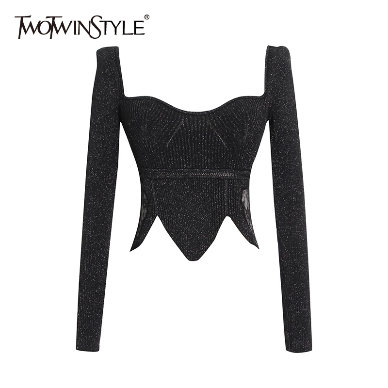 

Twotwin2 стильные вязаные свитера для женщин, тонкий квадратный воротник, длинный рукав, кружевной подол, однотонные повседневные пуловеры для ...