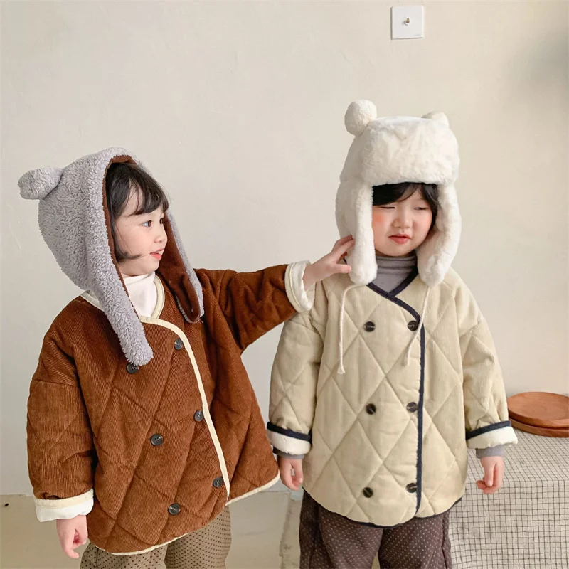 

Girls Baby's Kids Coat Jacket Outwear 2021 Solid Warm Plus Velvet Thicken Winter Autumn Buttons School Fleece Children's Clothes