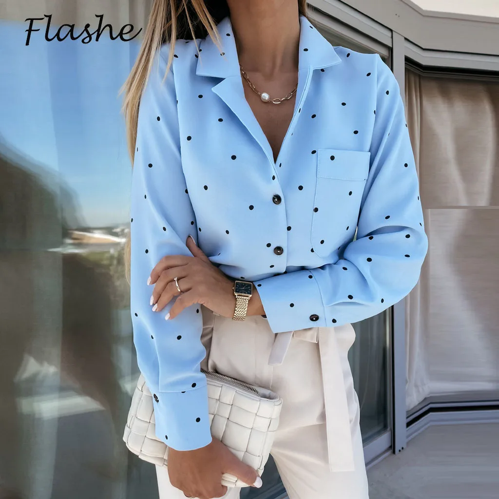 

Spring Autumn Dot Print Blouse Women Shirt Turn Down Collar Long Sleeve Shirts Casual Womens Tops Button Up Shirt Office Ladies