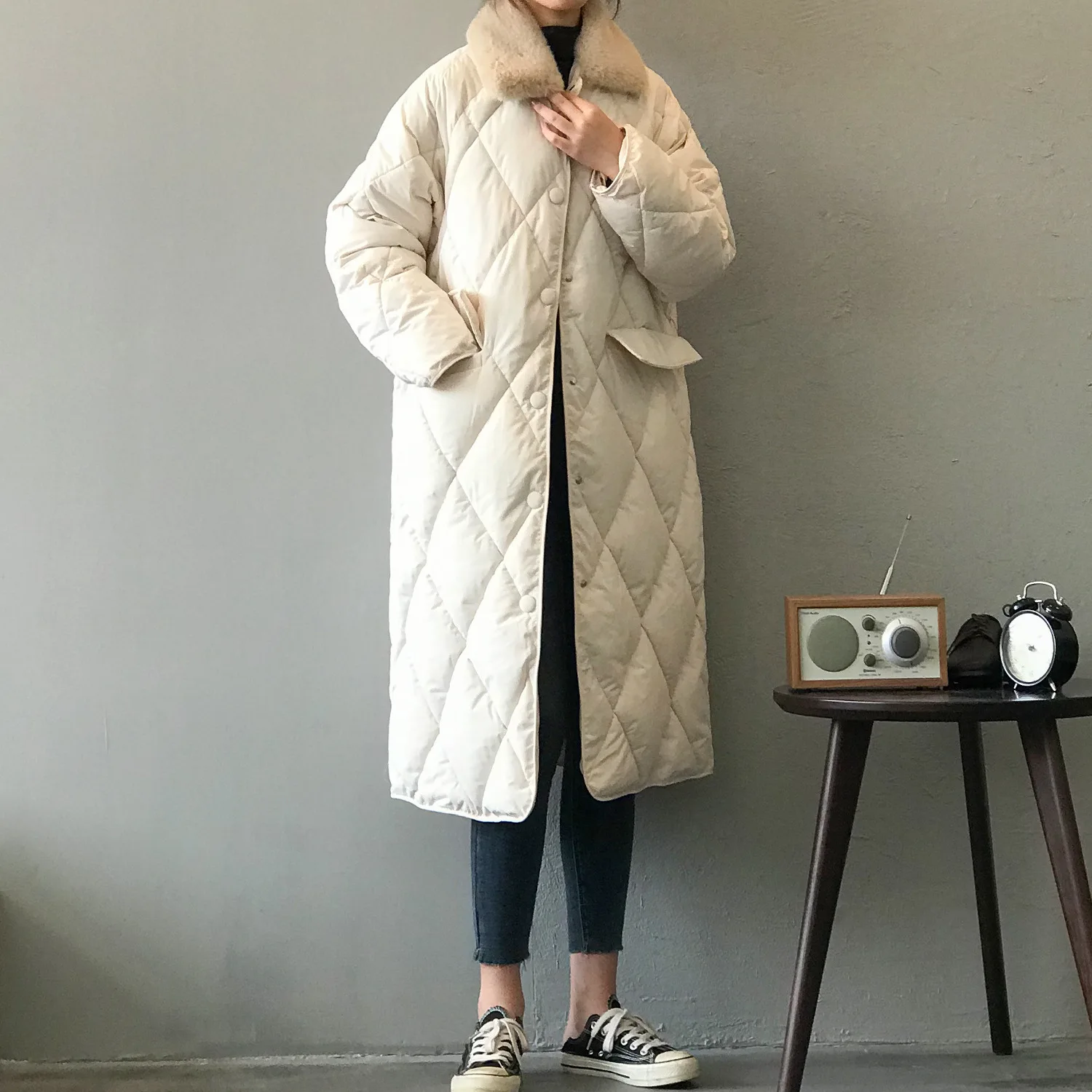 

2021 Autumn/winter New Style Korean Mid-length Cotton-padded Coat Women's Fur Collar Diamond Pattern Loose Down Cotton Coat
